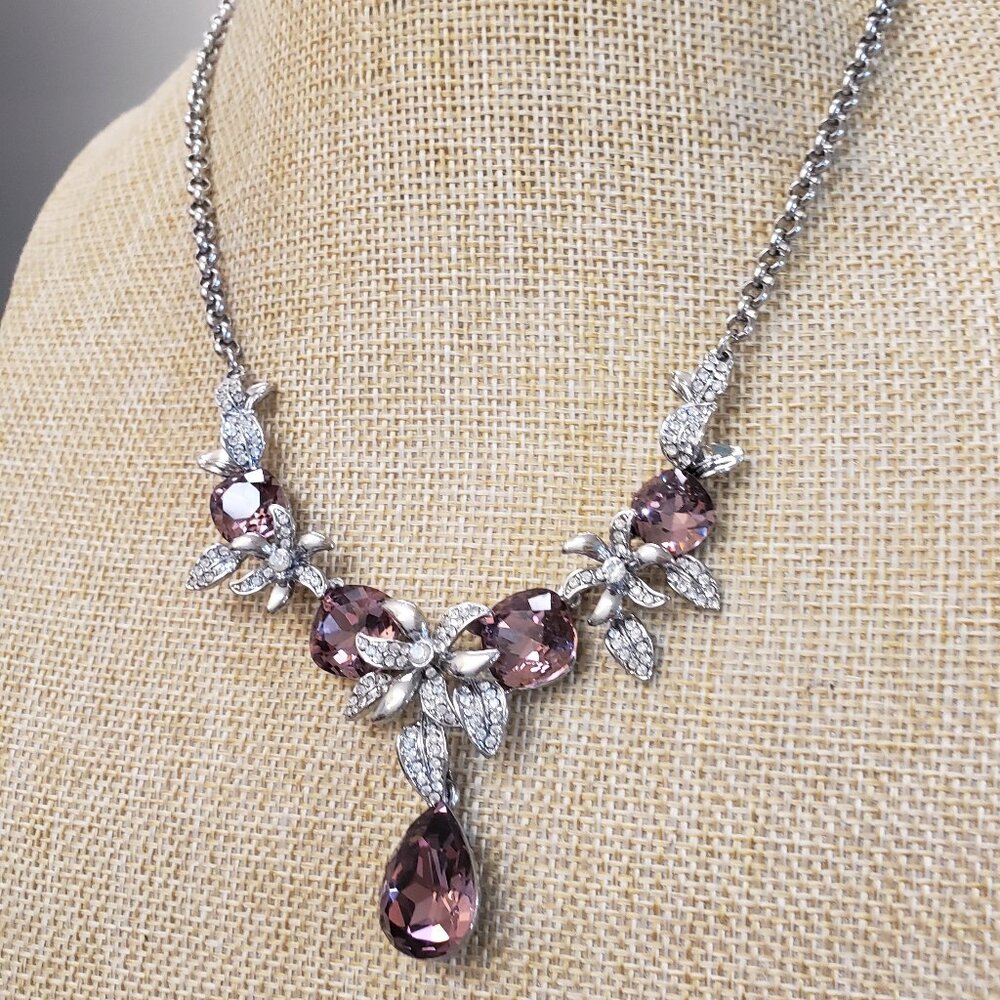 Stainless Steele, tagged, silver clear pink mauve rhinestone necklace
